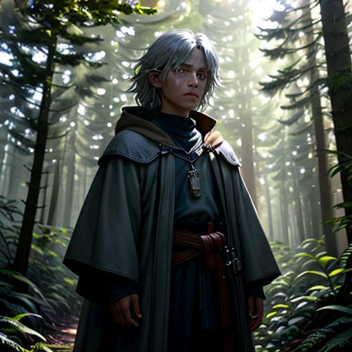 a man in a forest with a sword and a cloak on his shoulders and a sword in his hand