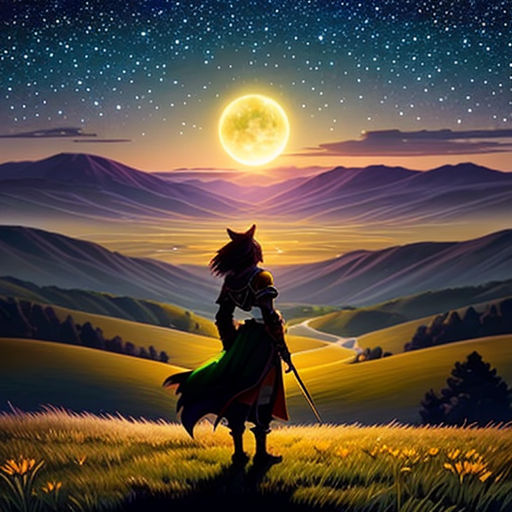 a person standing on top of a hill under a full moon filled sky with stars and a cat on top of a hill