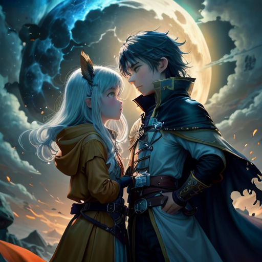 a couple of people standing next to each other in front of a full moon and clouds with a sky background