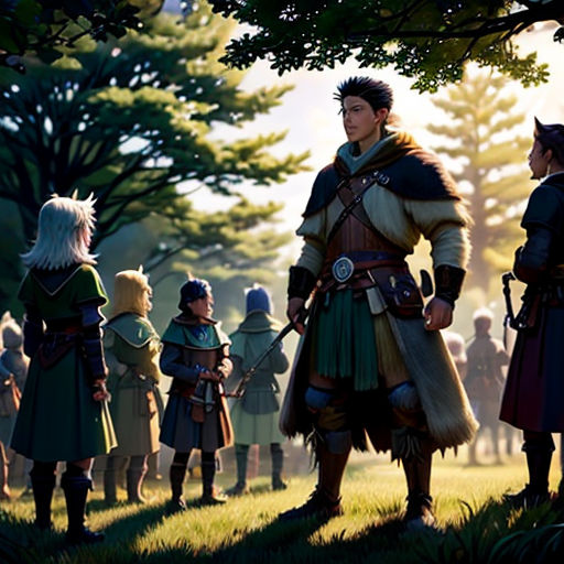 a group of people standing in a field next to trees and trees with a man in a costume on