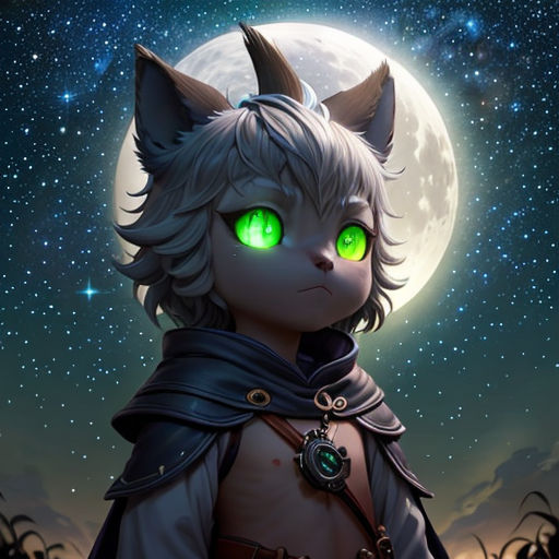 a cat with green eyes and a cape on in front of a full moon with stars and a sky