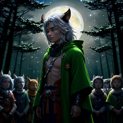 a man in a green cape standing in front of a group of people in a forest at night with a full moon
