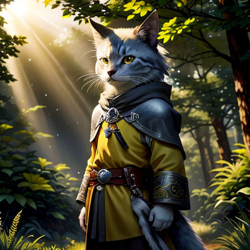 a cat dressed in a yellow outfit standing in a forest with a sword in its hand and a sword in its mouth