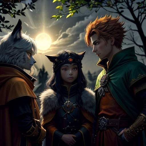 a couple of people standing next to each other in front of a wolf and a wolf man in a forest