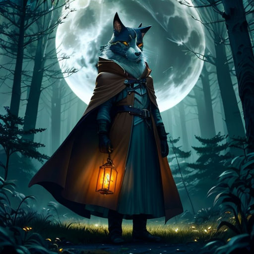 a wolf in a hooded coat holding a lantern in a forest at night with a full moon in the background