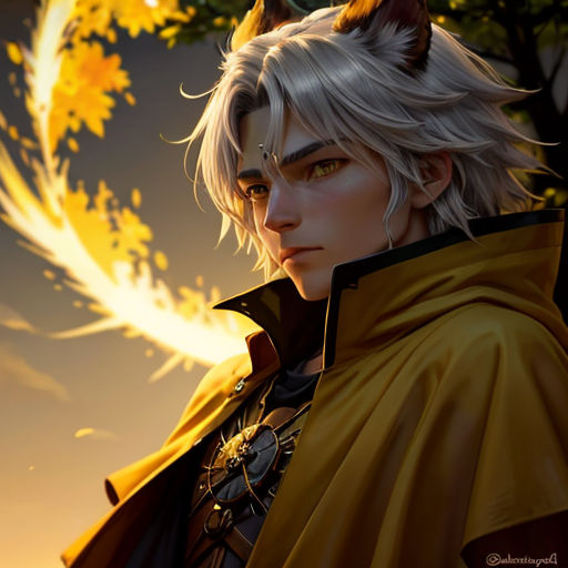 a man with a horned head and cape standing in front of a tree with a crescent in the background