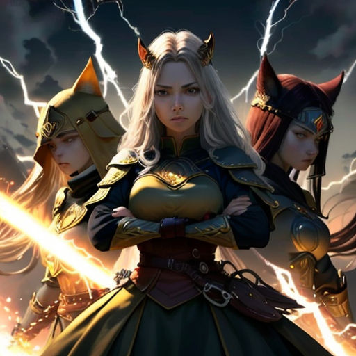 a group of women in costume standing next to each other on a cloudy day with lightning behind them and a sky full of clouds