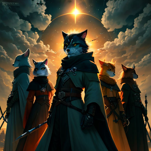 a group of cats standing next to each other on a field of grass and clouds with a pyramid in the background