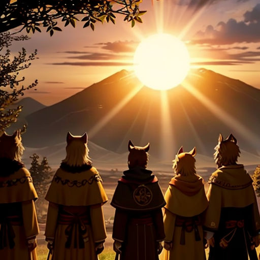 a group of people standing in front of a mountain at sunset with the sun shining behind them and a mountain in the distance