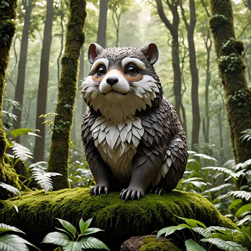 a statue of a raccoon sitting on a mossy rock in a forest with trees and ferns, new sculpture, a statue, Chris LaBrooy, highly detailed digital art