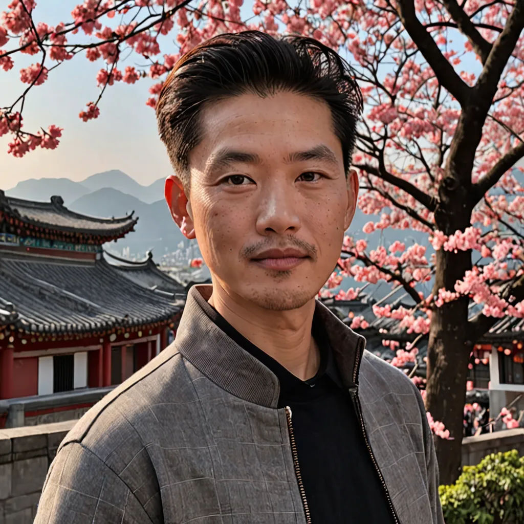 a man standing under a tree with pink flowers in the background and a building with a red roof and a red door, art & language, a character portrait, David Park, johnson ting