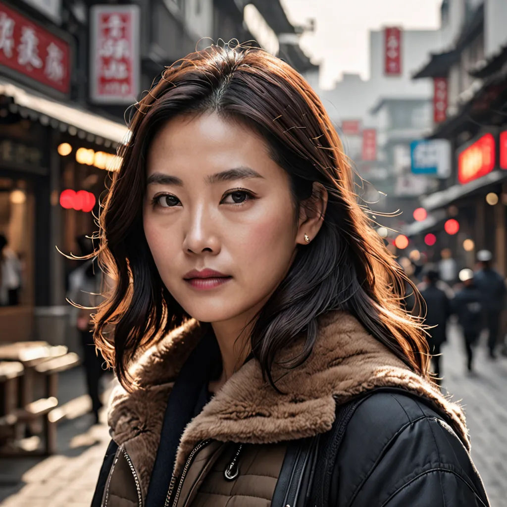 a woman standing on a street corner in a city with buildings and people in the background, looking at the camera, cloisonnism, a character portrait, Chen Jiru, portrait photography