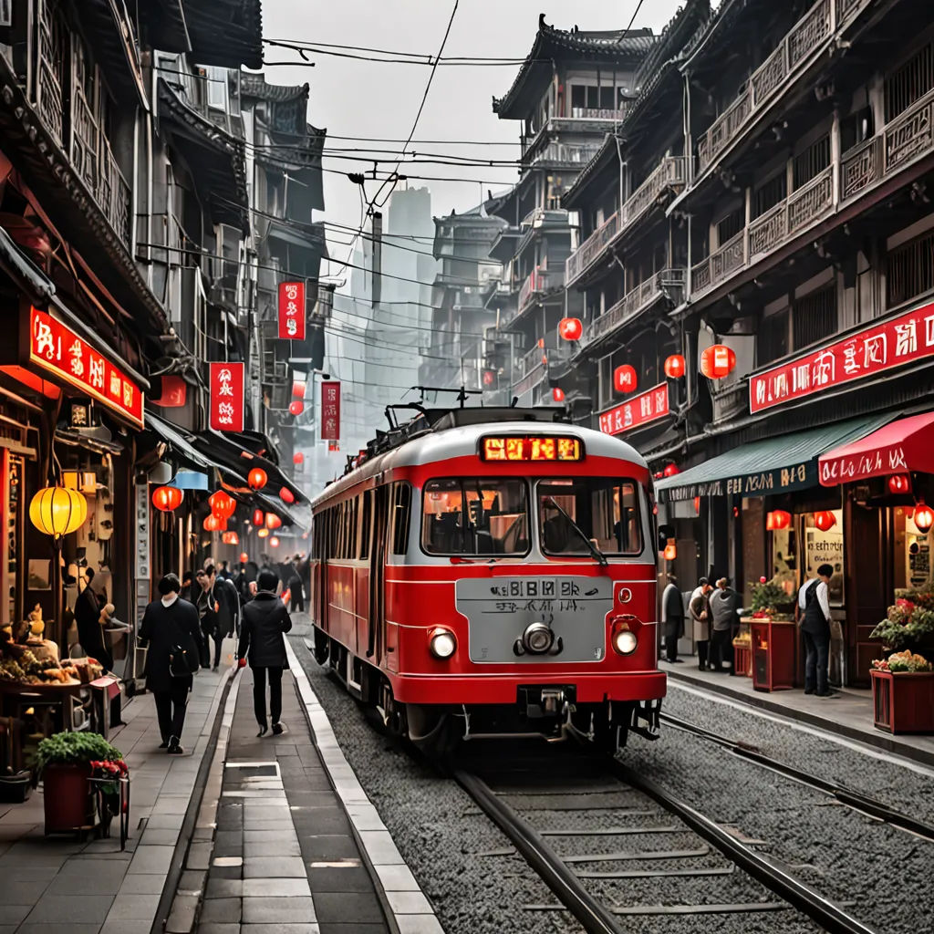 a red and white train traveling down train tracks next to a building with chinese writing on it and people walking on the sidewalk, cloisonnism, a detailed matte painting, An Zhengwen, award-winning photograph