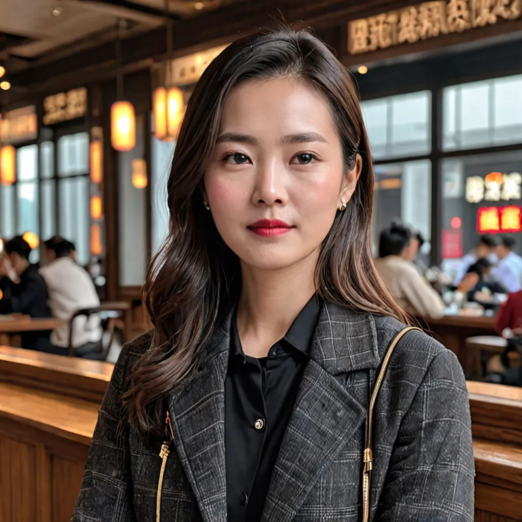 a woman standing in a restaurant with a red lipstick on her lips and a black shirt on her shoulders, art & language, a character portrait, Chen Jiru, professional photo