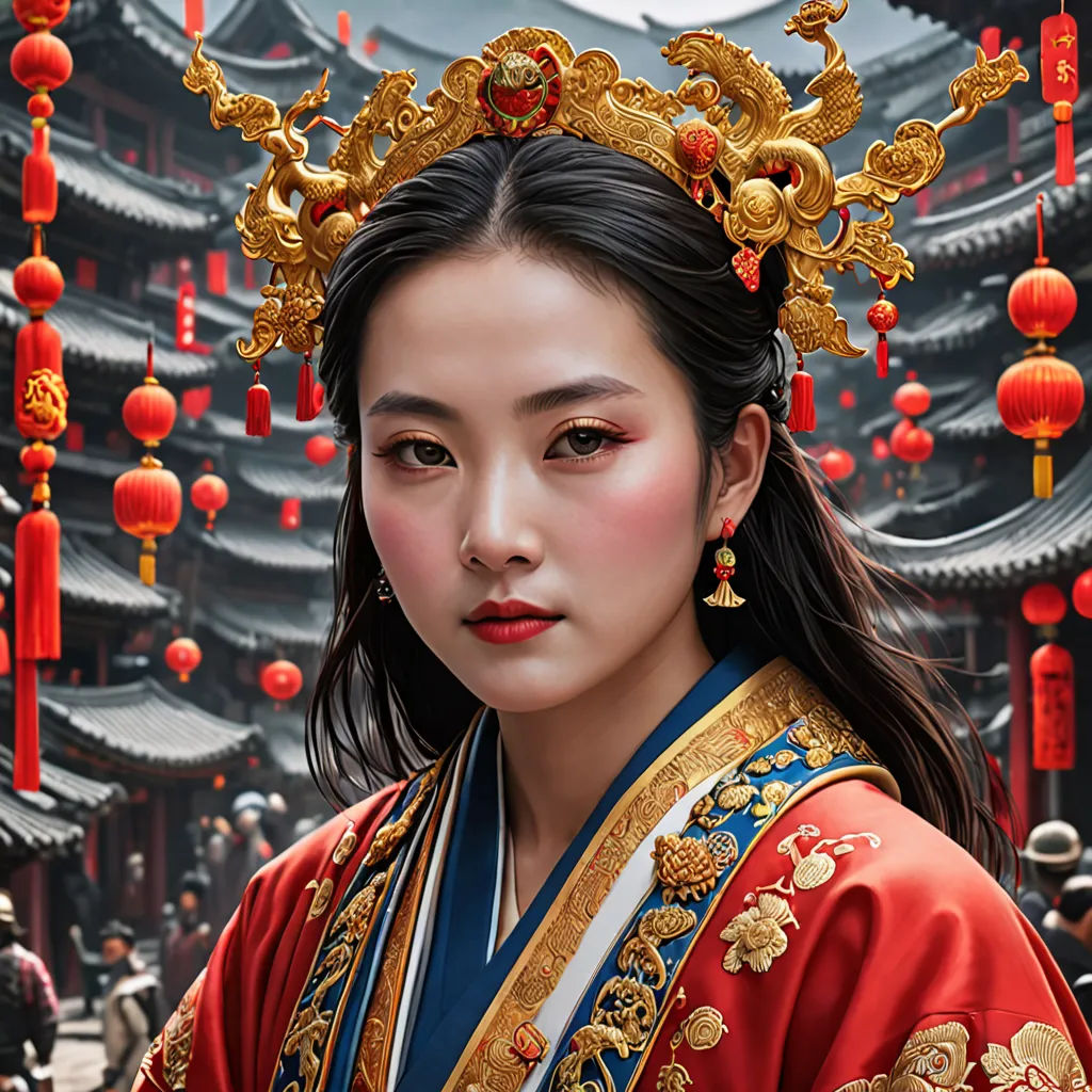 a woman in a chinese costume with a crown on her head and a red background with lanterns hanging from the ceiling, cloisonnism, a photorealistic painting, Dong Yuan, affinity photo
