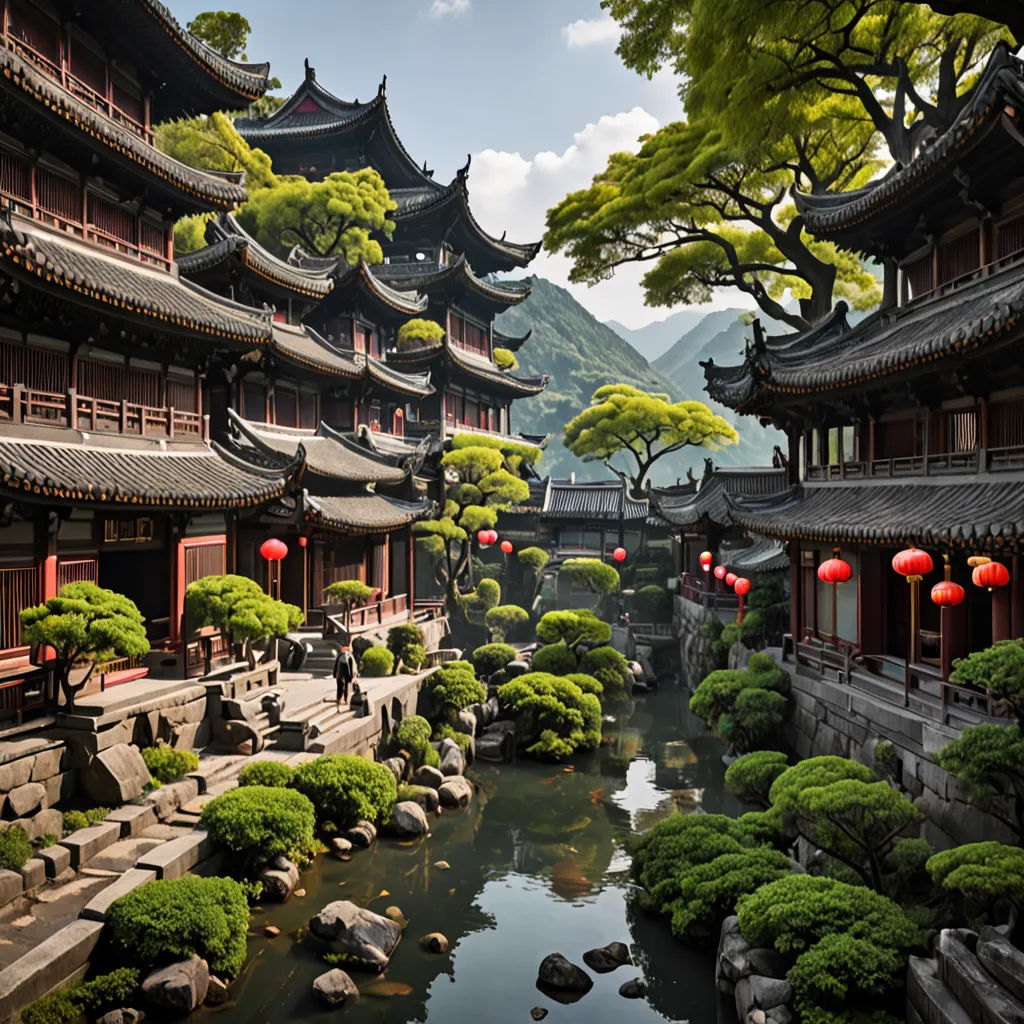 a river running through a lush green forest covered hillside next to a tall building with red lanterns hanging from it, cloisonnism, a detailed matte painting, Eishōsai Chōki, orientalism