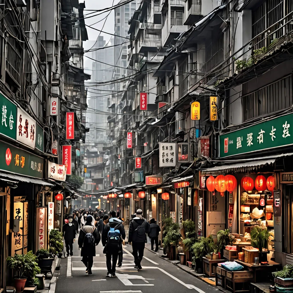 a group of people walking down a street next to tall buildings with asian signs on them and a sky line, international typographic style, a detailed matte painting, Cui Bai, grim yet sparkling atmosphere