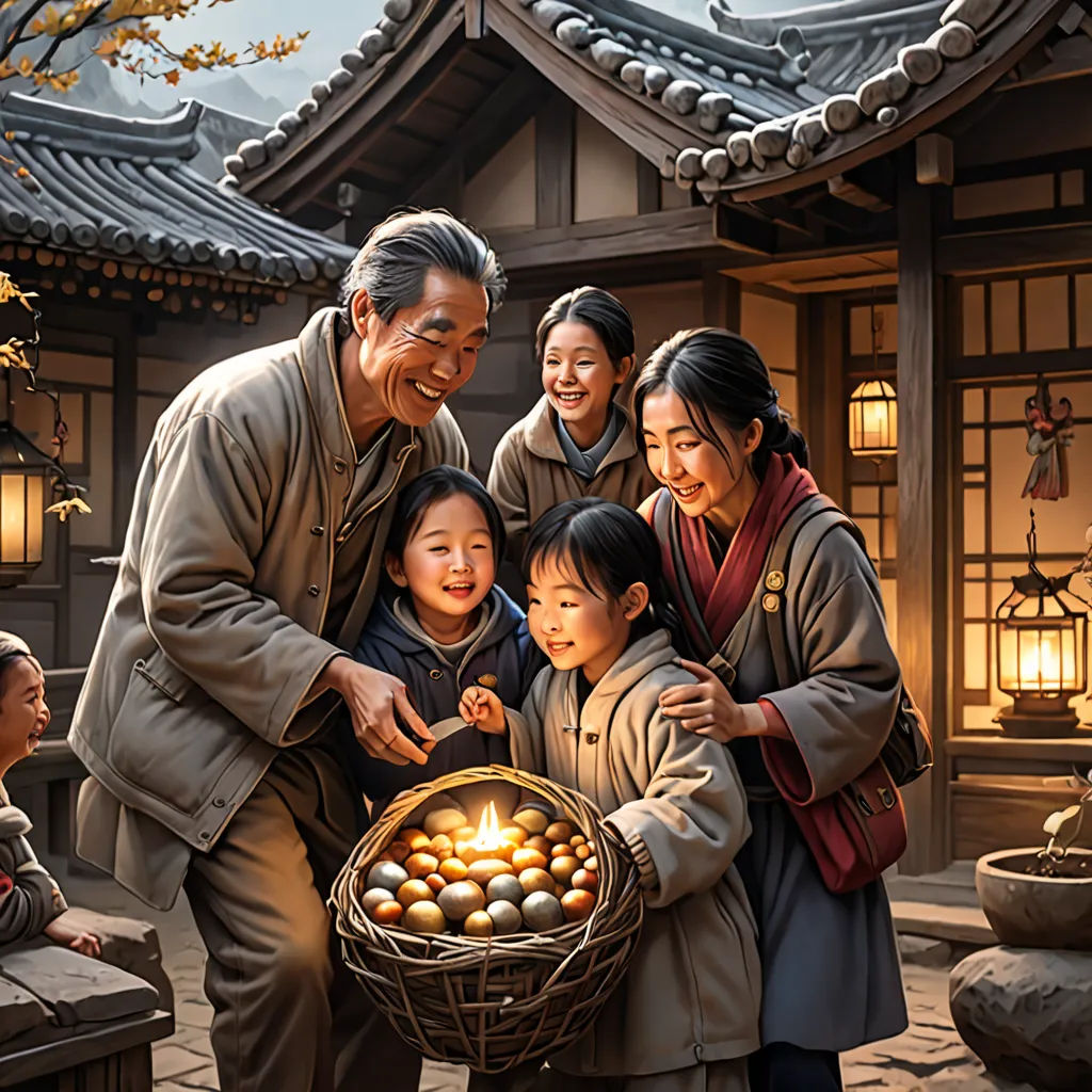 a painting of a family with a basket of eggs in front of a house with lanterns on the roof, american scene painting, a storybook illustration, Evgeny Lushpin, highly detailed digital painting