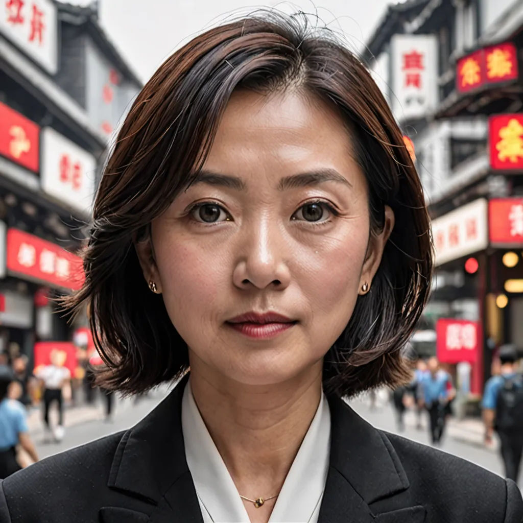 a woman in a suit and tie standing in a street with buildings in the background and a sign that says, china, cloisonnism, a character portrait, Dong Yuan, promotional image