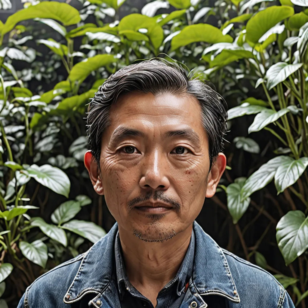 a man standing in front of a bush with lots of green plants behind him and a blue jean jacket on, precisionism, a character portrait, Eizan Kikukawa, studio portrait
