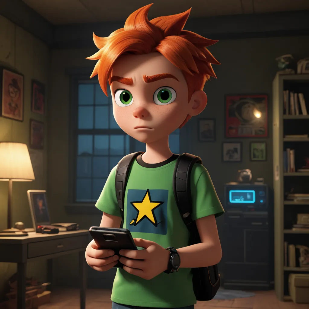 a boy with red hair and a green shirt holding a cell phone in a room with a desk and a lamp, photorealism, a character portrait, Cliff Childs, promotional image