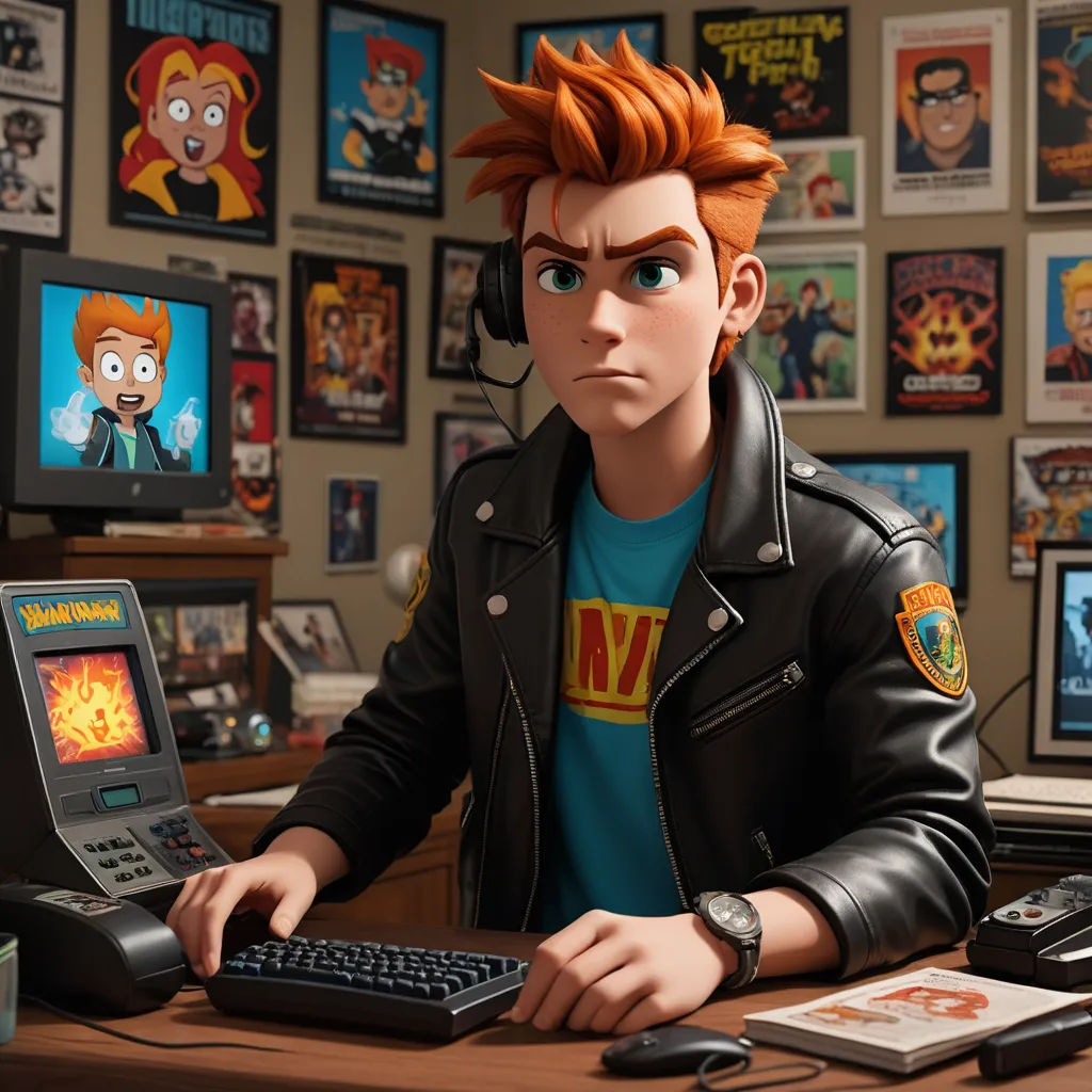 a man sitting at a desk with a computer and a keyboard in front of him and a bunch of posters on the wall behind him, sots art, concept art, Eddie Mendoza, official art