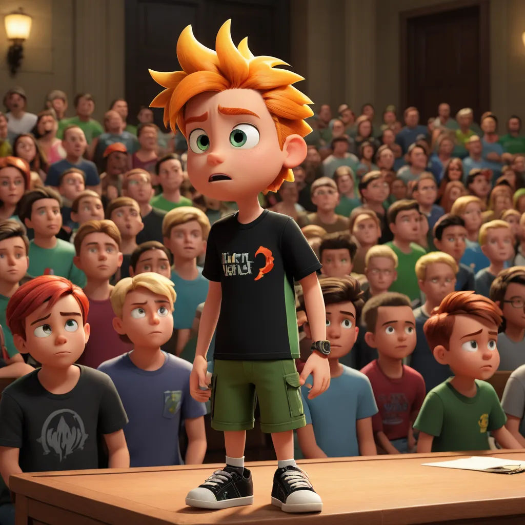 a cartoon boy standing on a table in front of a crowd of people in a classroom with a microphone, photorealism, a renaissance painting, Fletcher Martin, pixar and disney animation