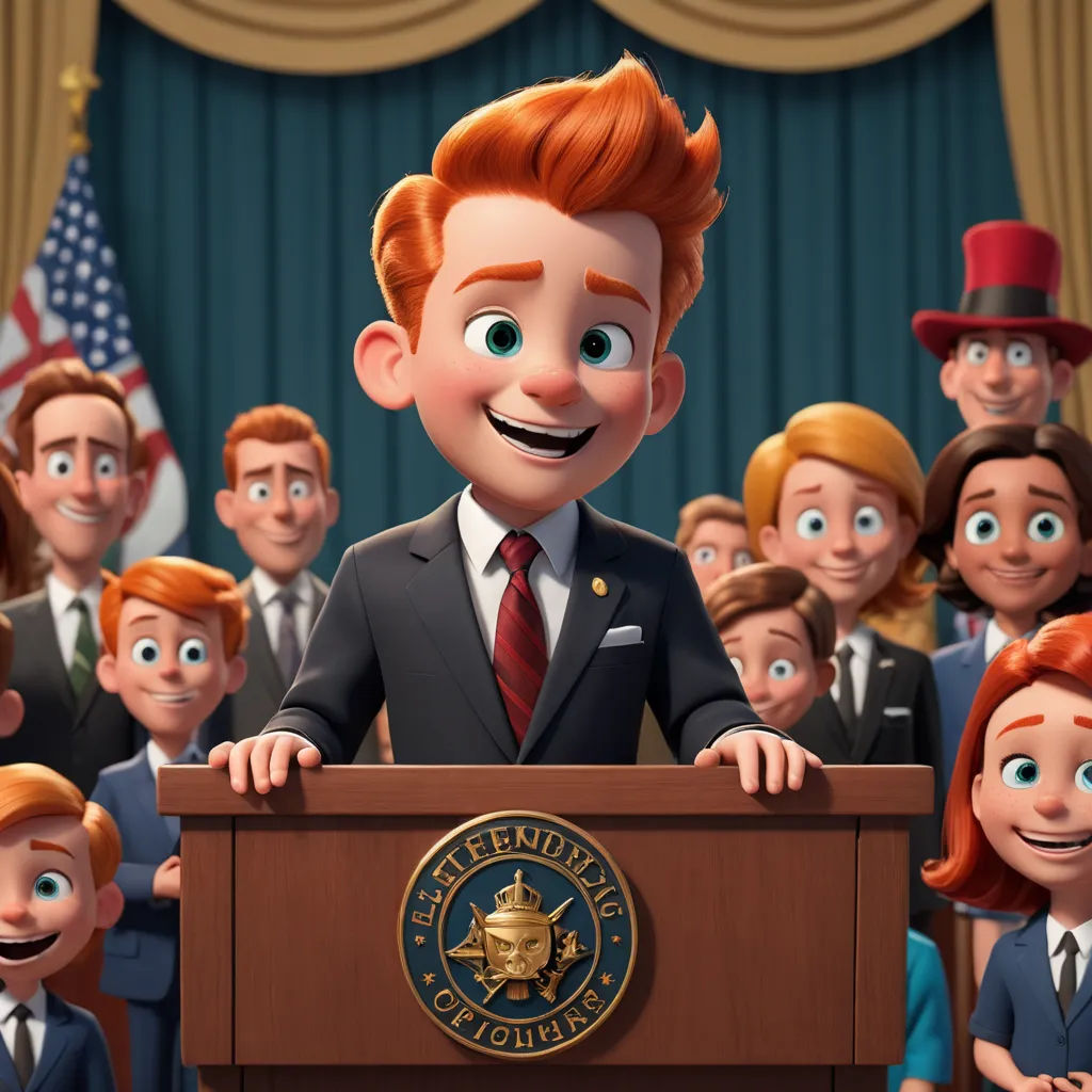 a cartoon of a man standing at a podium with a crowd of people behind him and a microphone in front of him, symbolism, concept art, Ed Benedict, promotional image