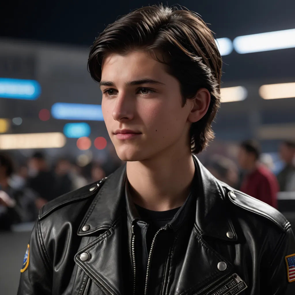 a young man in a black leather jacket is looking at the camera and smiling at the camera man is wearing a black leather jacket, photorealism, a character portrait, Everett Warner, promotional image