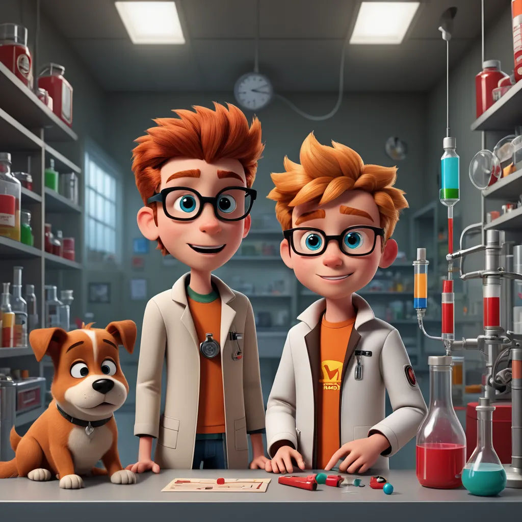 a couple of people standing next to a dog in a lab area with a dog on the table and a dog on the floor, sots art, a computer rendering, Andrew Robertson, promotional image