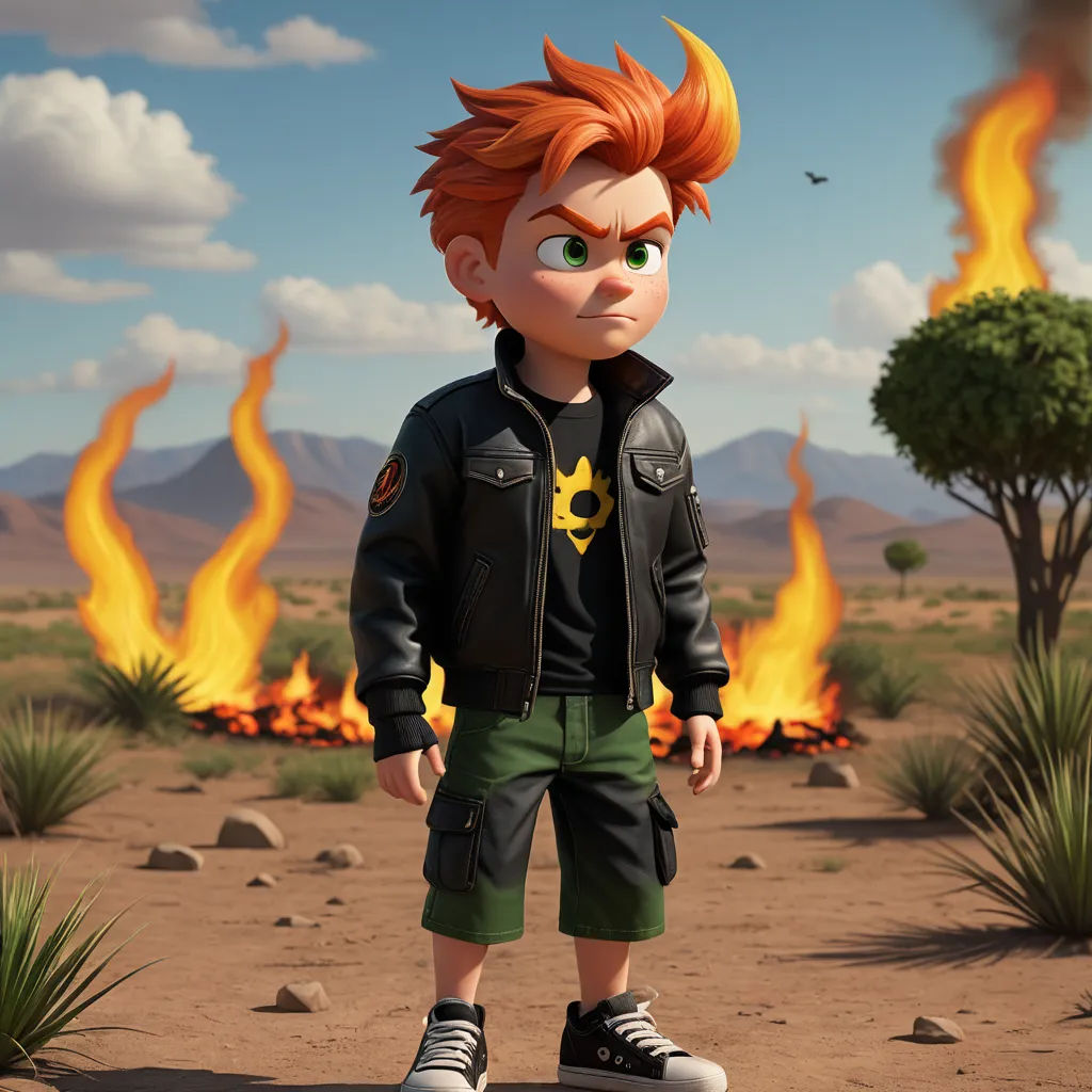 a cartoon boy with red hair and a black jacket standing in front of a fire and a desert landscape, photorealism, concept art, Cedric Seaut (Keos Masons), unreal engine 5 quality render