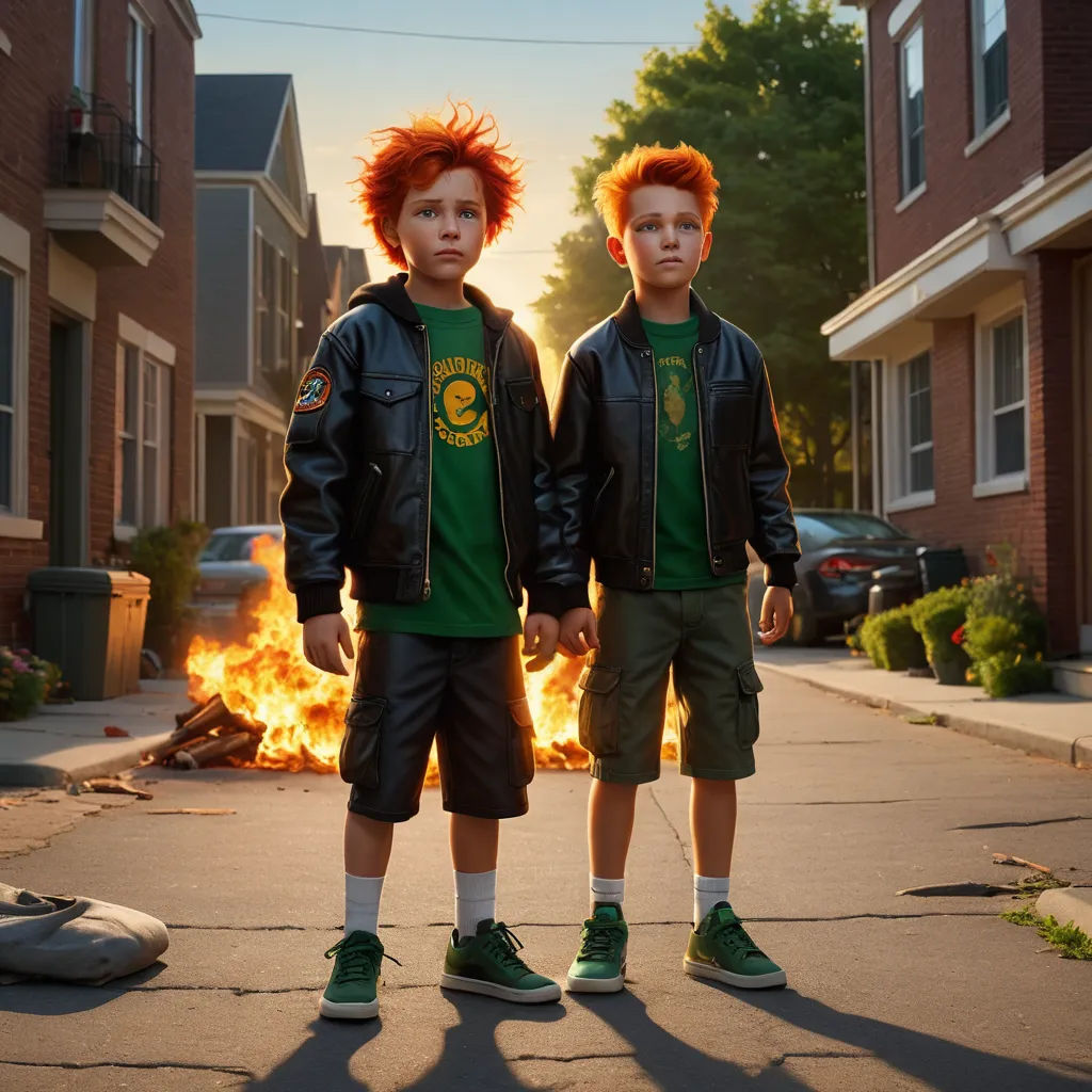 two young boys standing in front of a fire with their hair dyed red and green, wearing matching green shoes, hyperrealism, concept art, Felix-Kelly, promotional image