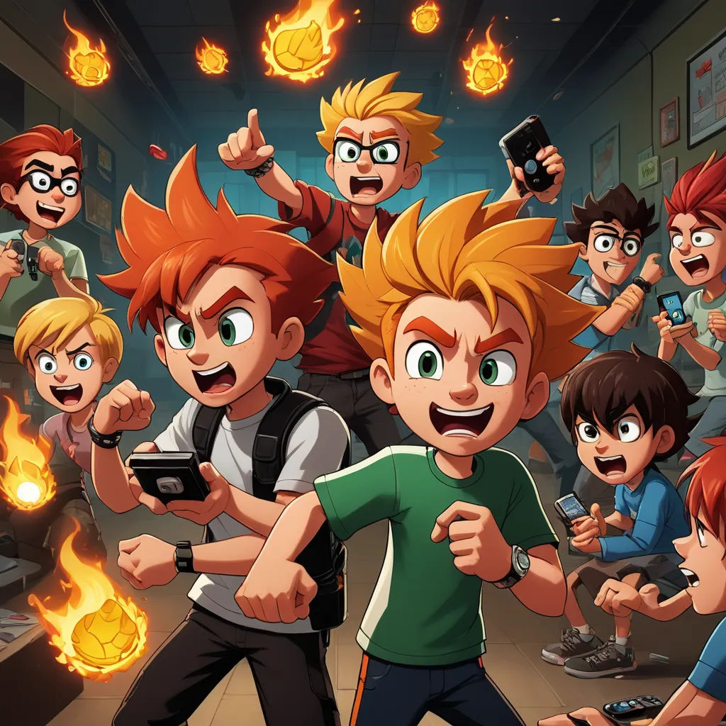 a group of young men standing around a fire pit with fire coming out of their mouths and hands in the air, sots art, concept art, Diego Gisbert Llorens, 2 d game art