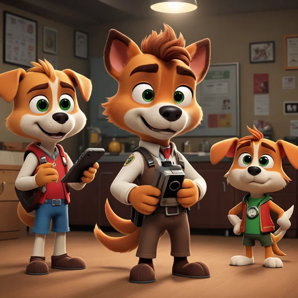 a cartoon picture of a dog and a cat with a camera and a backpack and a backpack on a table, sots art, concept art, Chris LaBrooy, official art