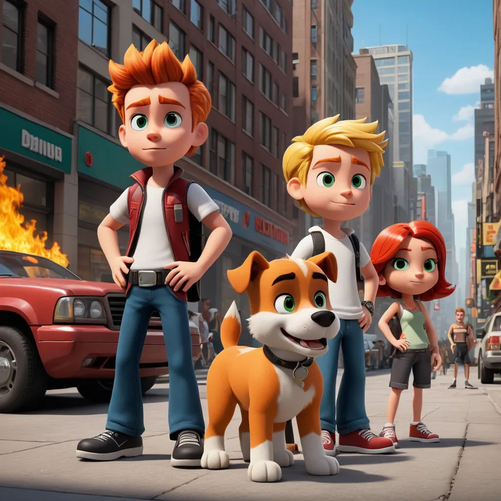 a group of people standing next to a dog on a street with a fire in the background and a red car, furry art, concept art, Chris LaBrooy, promotional image