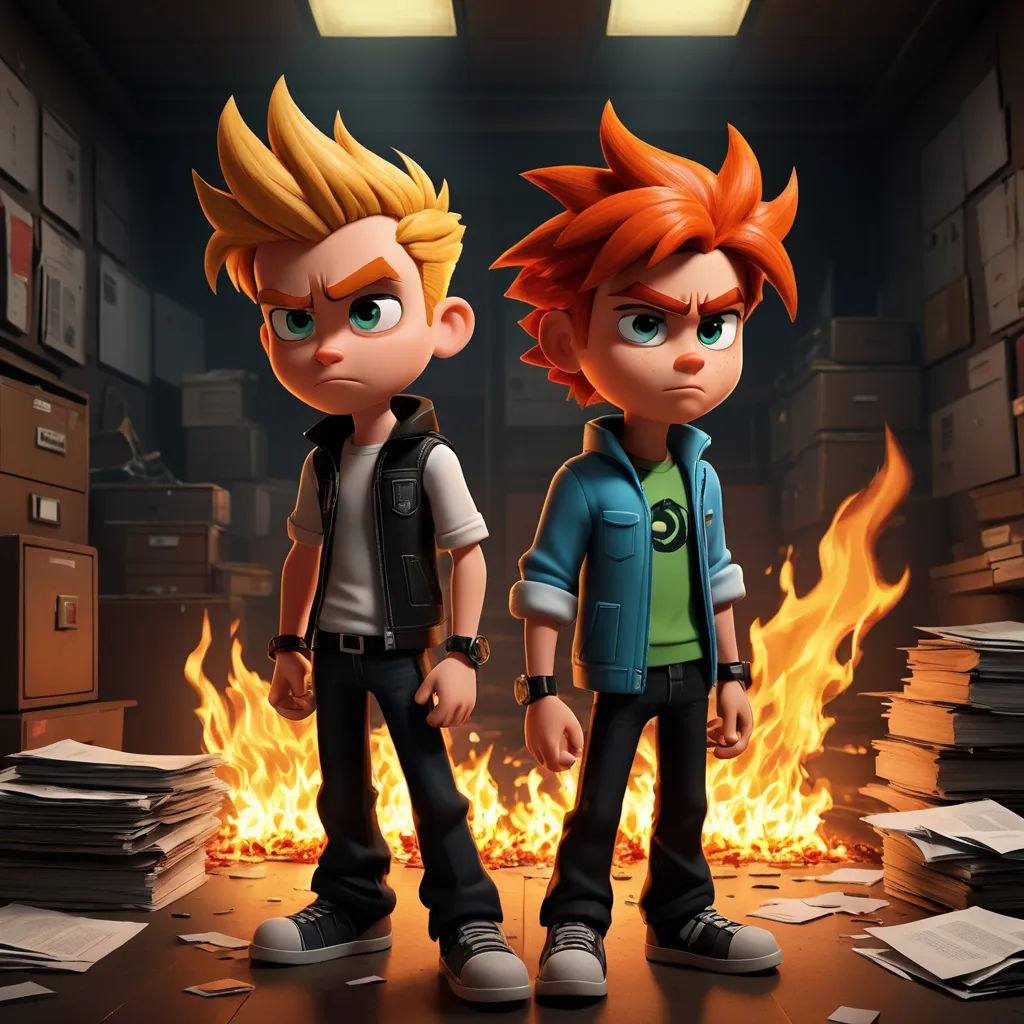 two cartoon boys standing in front of a fire in a room with stacks of books on the floor and a fire burning behind them, sots art, concept art, Cedric Seaut (Keos Masons), promotional image