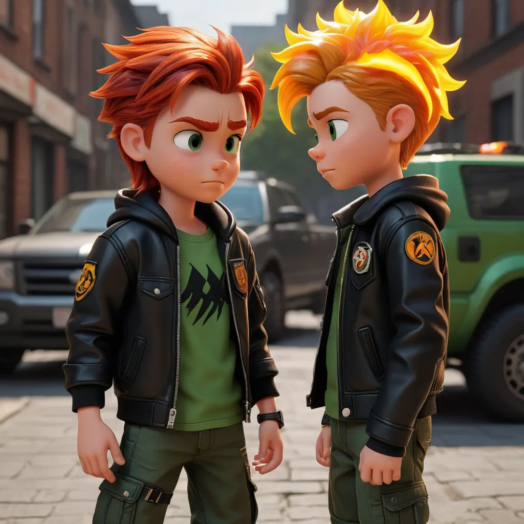 two young boys in leather jackets standing on a sidewalk in front of a green truck and a green truck, photorealism, concept art, Brothers Hildebrandt, unreal engine highly rendered