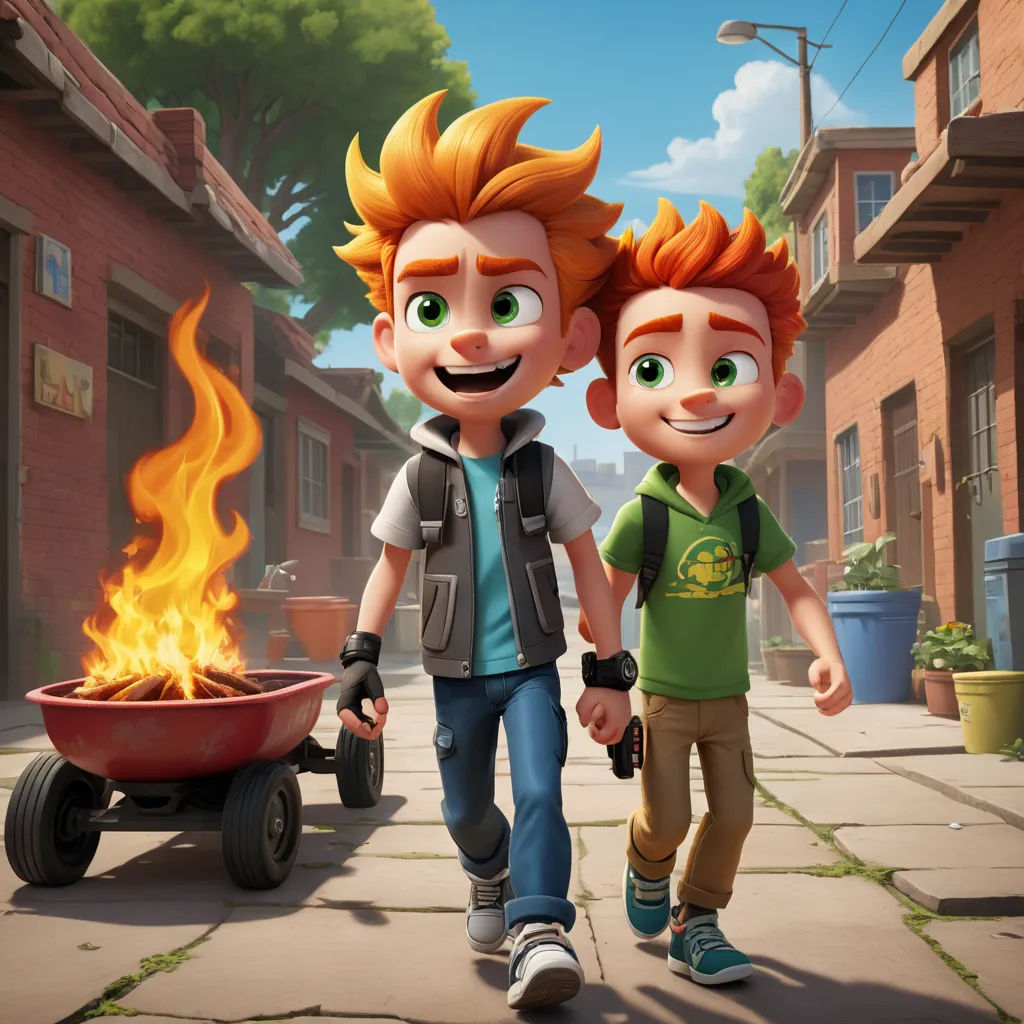 a couple of kids walking down a street next to a fire pit on wheels with a fire in the background, sots art, concept art, Chris LaBrooy, promotional image