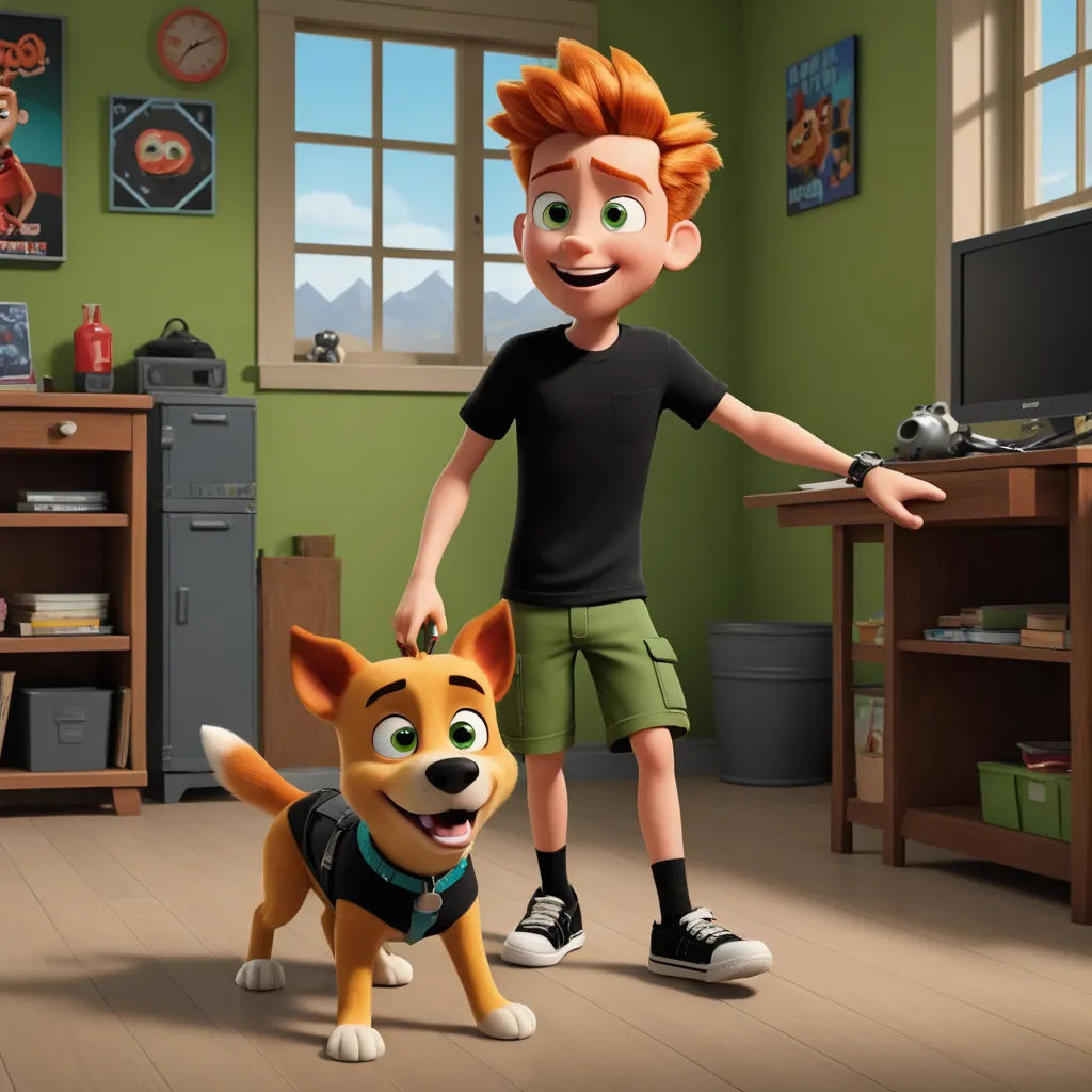 a boy and a dog in a room with a tv and a desk in the background, and a television on the wall, sots art, concept art, Chris LaBrooy, promotional image