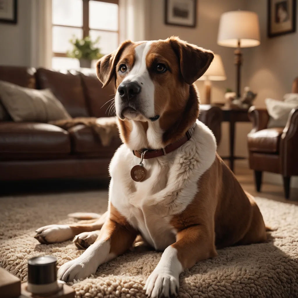 a dog sitting on the floor in a living room with a couch and a lamp on the side of the room, photorealism, a still life, Doug Ohlson, diffuse lighting