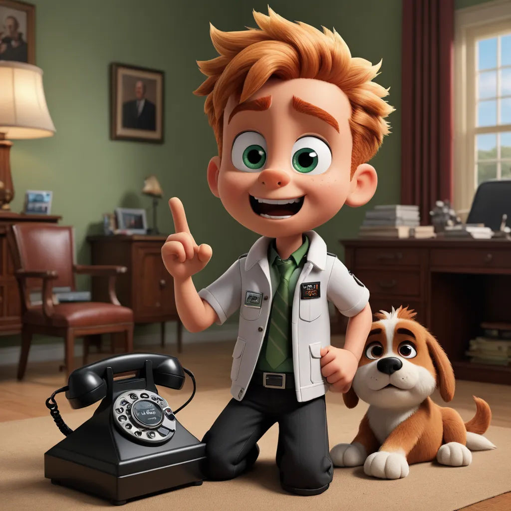 a cartoon character is holding a dog and pointing to a phone with a dog on the floor in front of him, sots art, concept art, Doc Hammer, official art