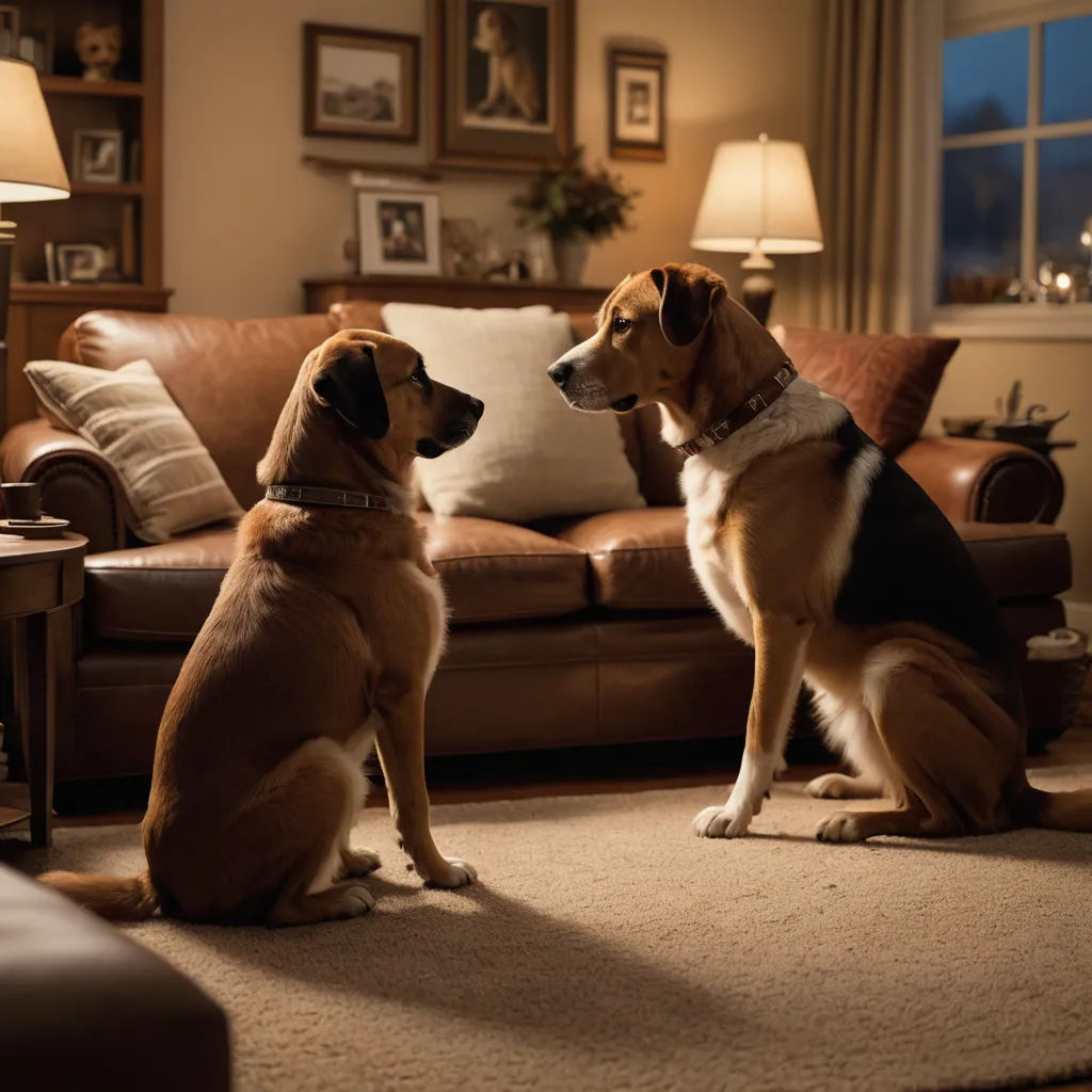two dogs sitting on the floor in front of a couch in a living room with a lamp on the side, photorealism, a still life, Doug Ohlson, promotional image