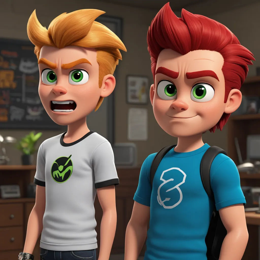 a couple of cartoon characters standing next to each other in a room with a desk and a computer monitor, sots art, concept art, Andries Both, unreal engine 5 quality render