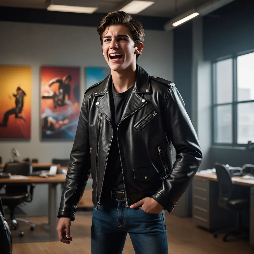 a man in a leather jacket is smiling in an office setting with a desk and chairs in the background, american barbizon school, a character portrait, Chase Stone, promotional image