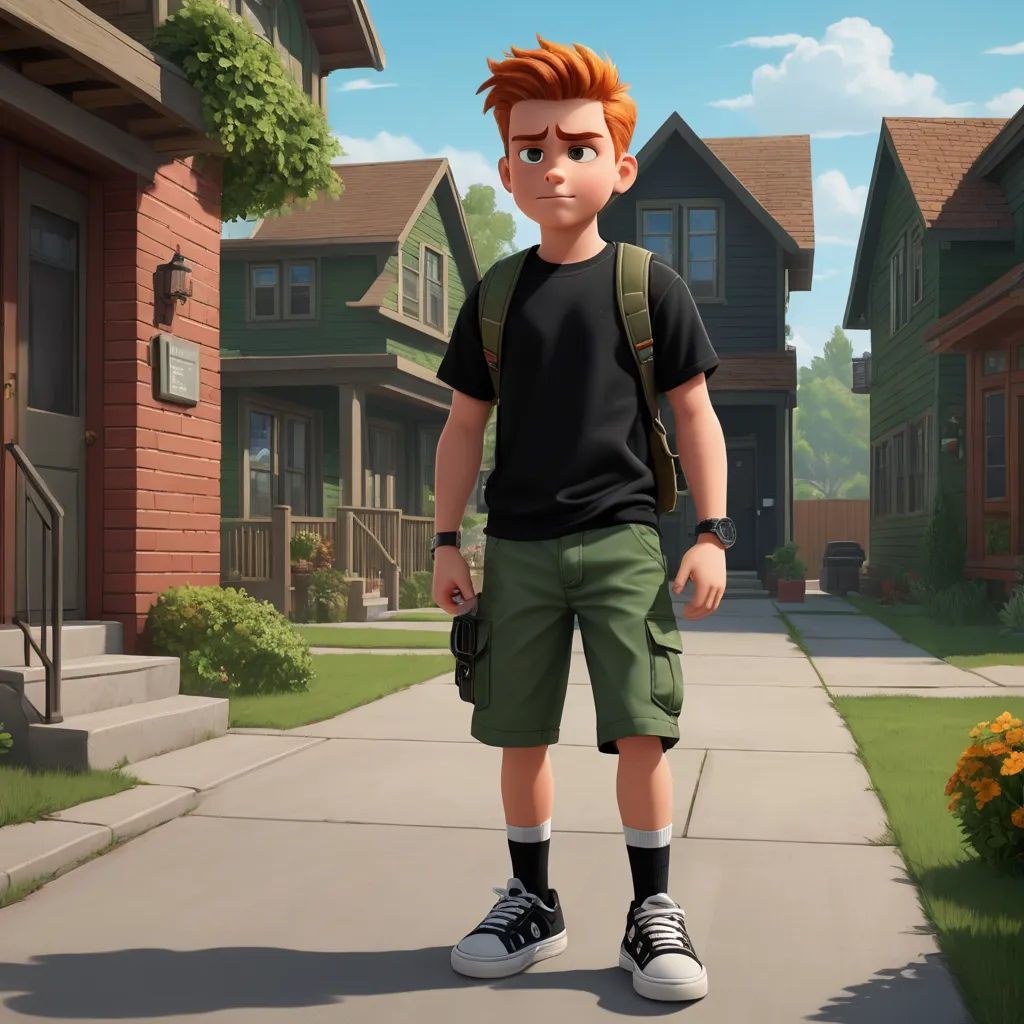 a boy with red hair and a black shirt is standing on a sidewalk in front of a house with a flower, american scene painting, concept art, Chris LaBrooy, cgstudio