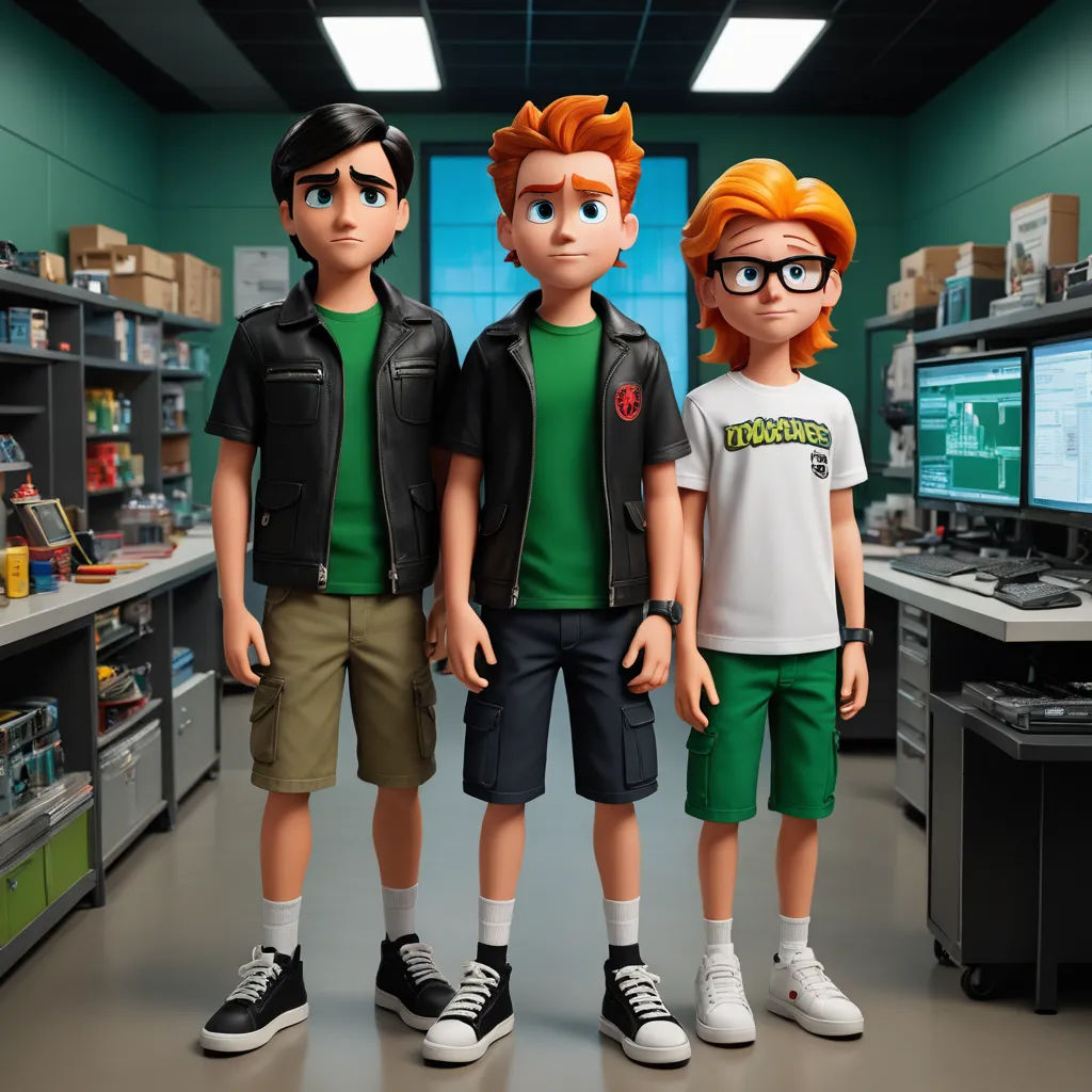 three young boys standing in a room with computer screens and shelves of electronics on the wall behind them, all wearing green shorts, sots art, concept art, Fletcher Martin, promotional image