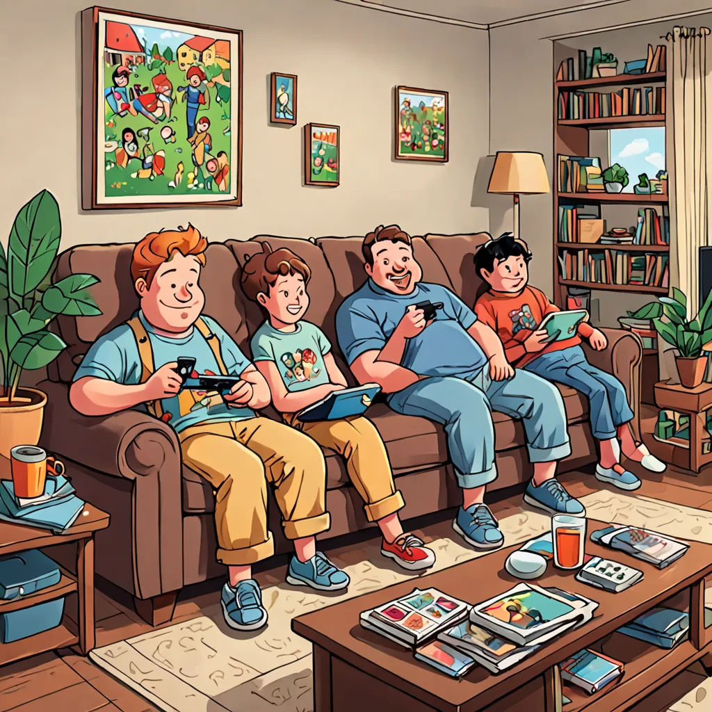 a family sitting on a couch in a living room watching tv and playing games on their phones, with a child sitting on the couch, sots art, a storybook illustration, Diego Gisbert Llorens, game art