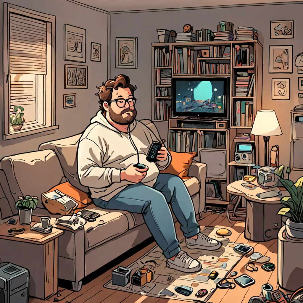 a man sitting on a couch holding a remote control in his hand and looking at a television in the background, retrofuturism, a character portrait, Asaf Hanuka, josan gonzales and dan mumford