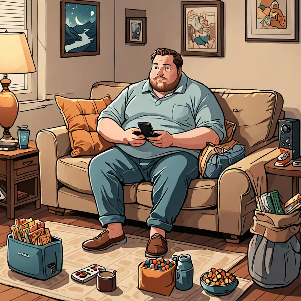 a man sitting on a couch holding a remote control in his hand and a bag of money in his other hand, american realism, a storybook illustration, Anthony Palumbo, josan gonzales and dan mumford