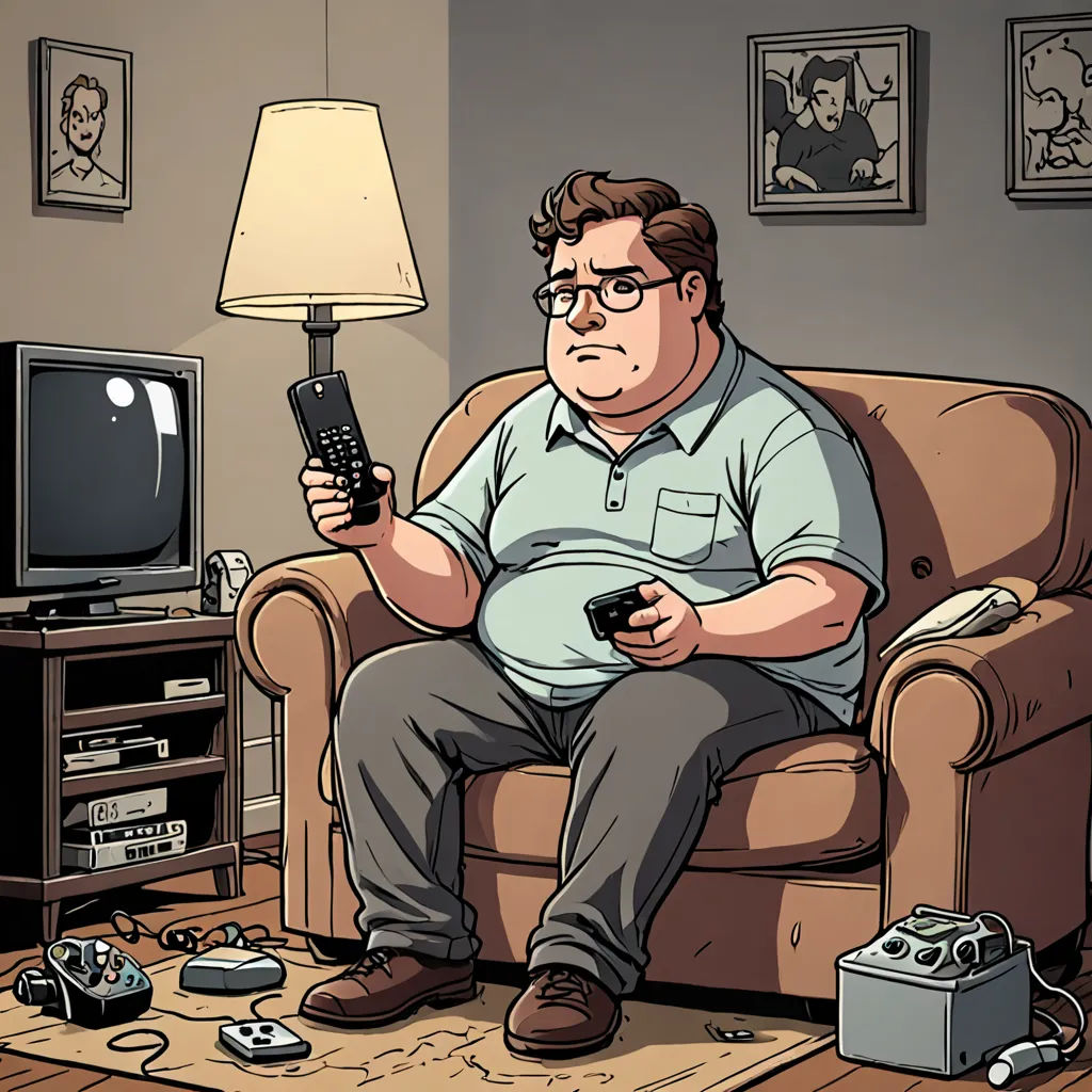 a man sitting on a couch holding a remote control in his hand and a tv in the background with a lamp on, american realism, a character portrait, Asaf Hanuka, video game